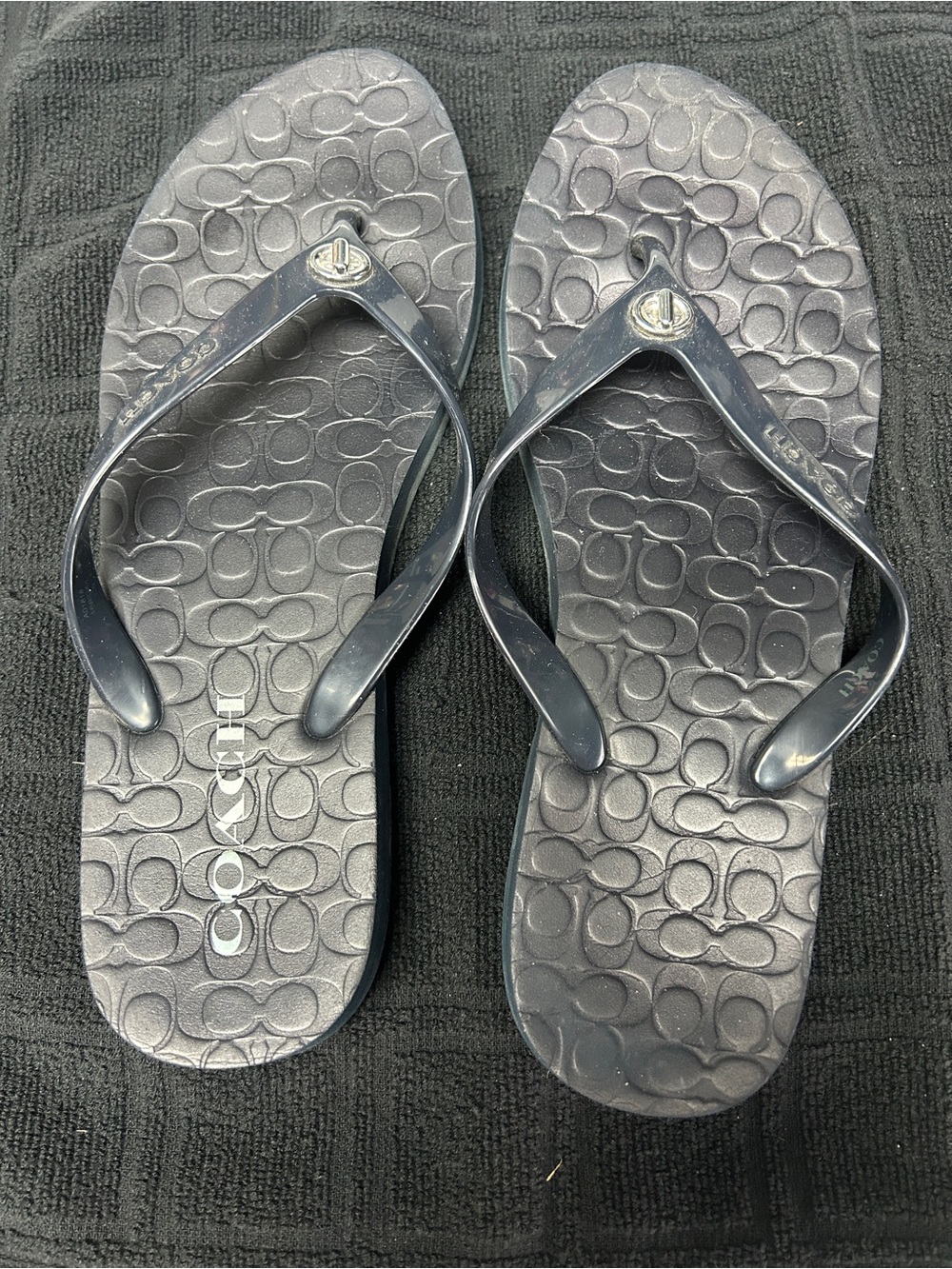 Coach Navy Jelly Flip Flops with Signature Pattern